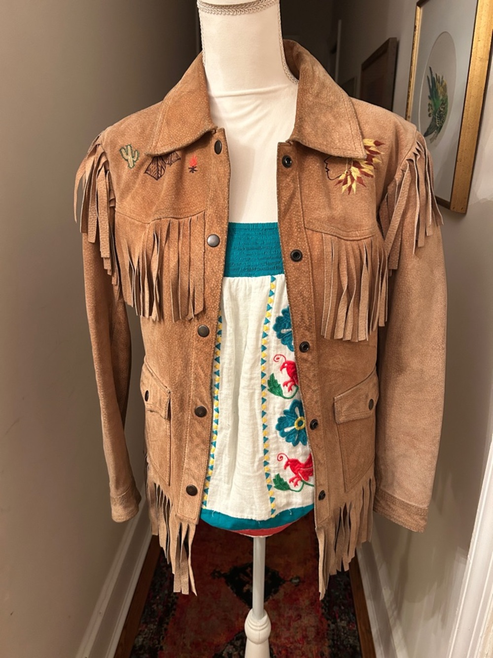 RARE! AUTHENTIC 70s sz 4-6 TAN Fringed PIG Suede Western Jacket With embroidery - Picture 6 of 10